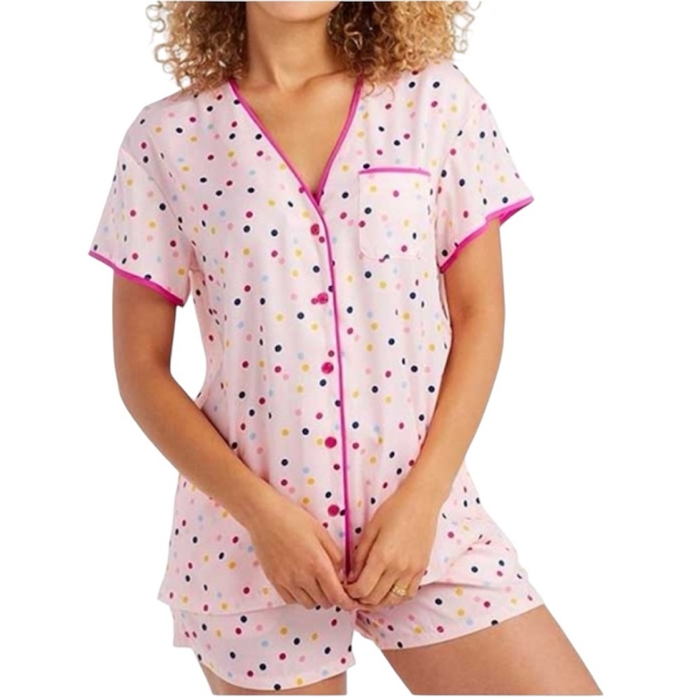 summersalt Pink Polka Dot Short Pajama Set with Multicolor Dots - Picture 1 of 14